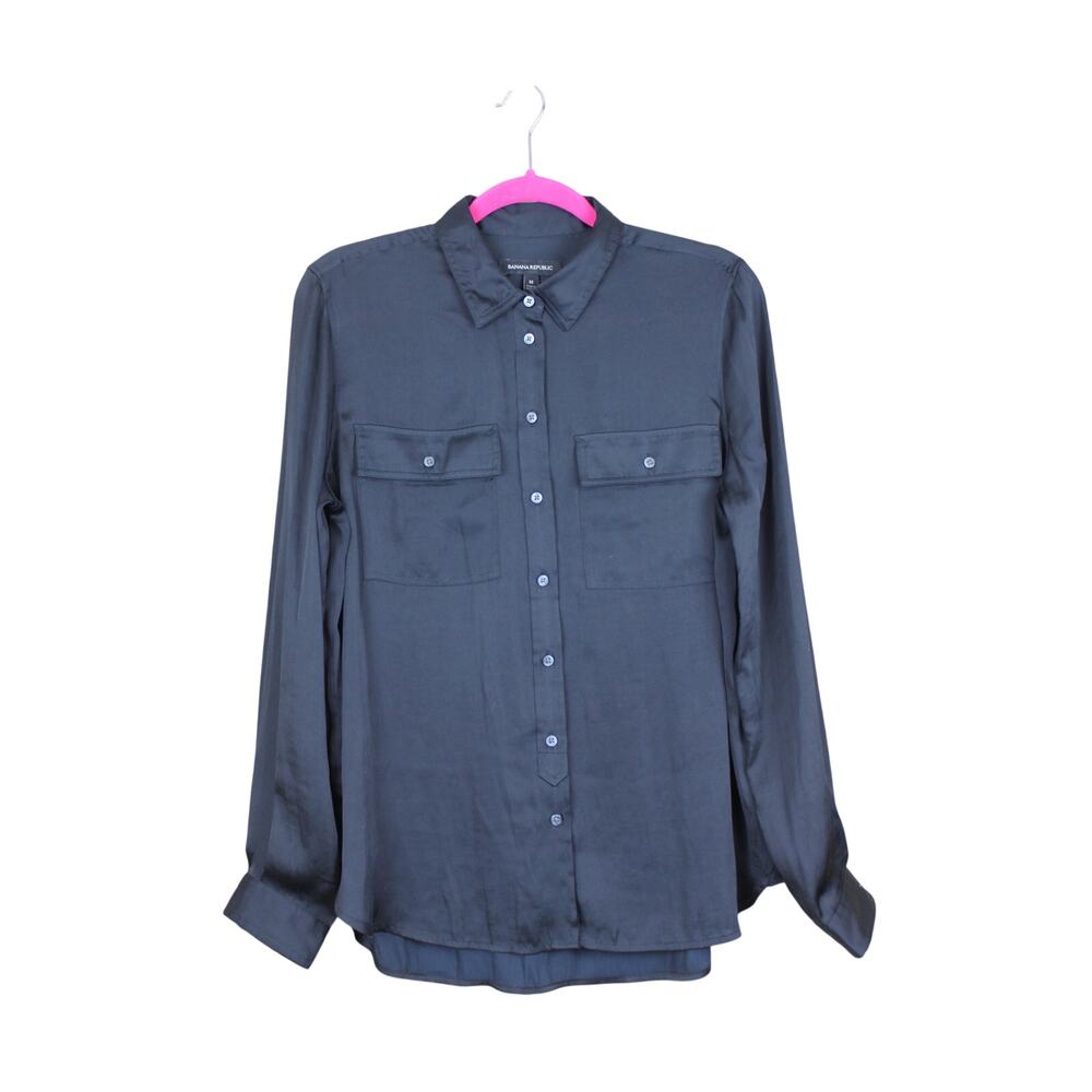 Banana Republic Black Shiny Silky Semi-Sheer Button Up Long Sleeve Top Size M